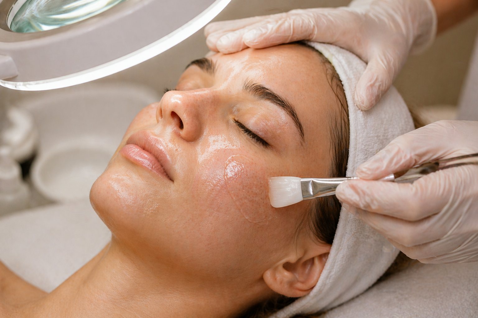 Application d'un peeling chimique au pinceau sur le visage
